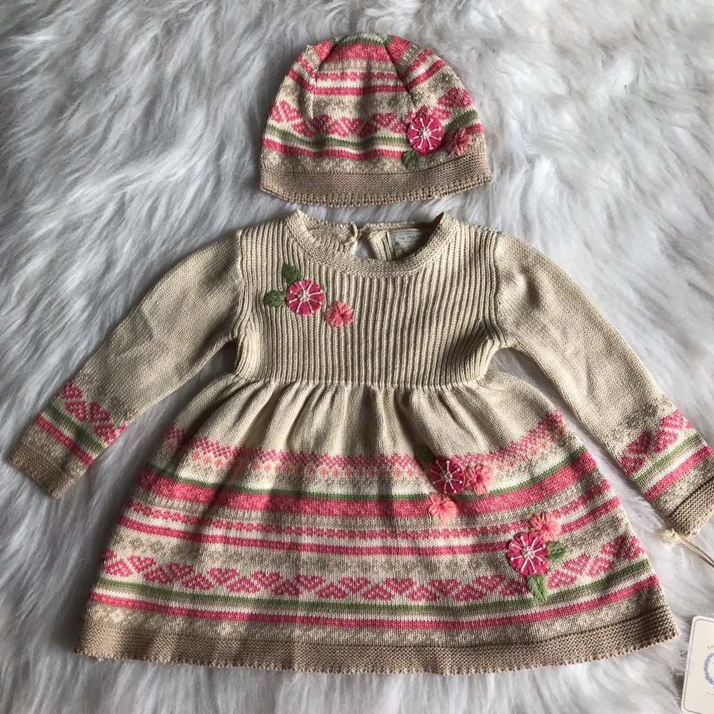 The Prairie Cream & Coral Dress with Matching Cap